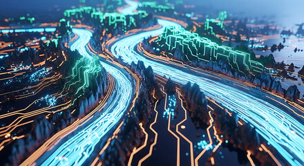 Futuristic Circuit Board Landscape Technology Data Flow Connectivity Innovation