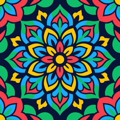 Fototapeta premium Colorful Mandala Pattern on Dark Background with Blue, Yellow, Red, and Green Design