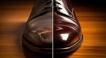 Before and after comparison of a luxury leather dress shoe, showing scuffed and polished halves