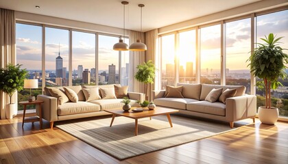 Fototapeta premium Cozy Living Room Interior with City View and Sunlight A Peaceful and Modern Design