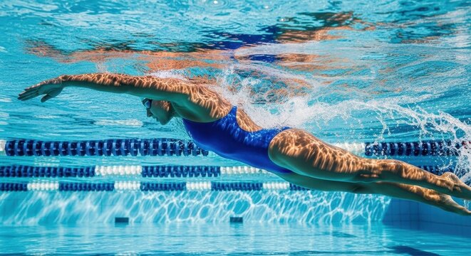 Female swimmer in blue swimsuit gliding underwater in a clear blue swimming pool
