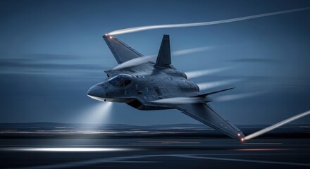 Advanced stealth fighter jet taking off at dusk with motion blur and light trails