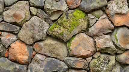 Close-up of a stone wall with varied colors and moss