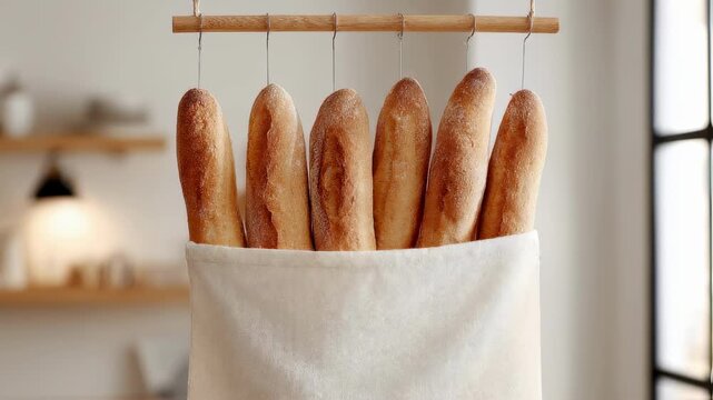 Fresh baguettes suspended in a minimalist hanging bread bag focused baguette front and center with soft out of focus wall and decor perfect for preserving crust crispness.