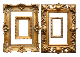 Two ornate antique gold picture frames with smaller frames inside on black
