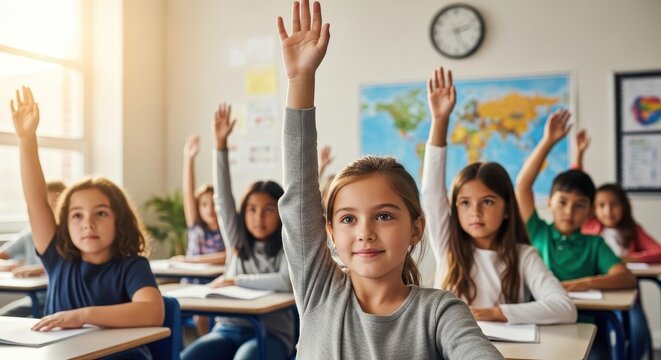 Diverse elementary school students raising hands in a sunlit classroom during a lesson