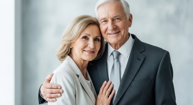 Smiling senior couple in formal attire, a man and woman embracing in a professional portrait - Powered by Adobe