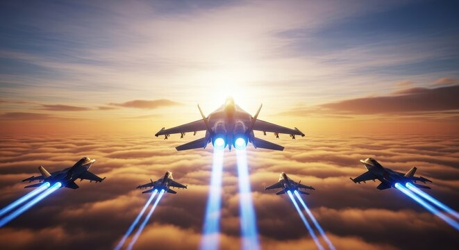 Squadron of futuristic fighter jets flying in formation above clouds during a vibrant sunset - Powered by Adobe