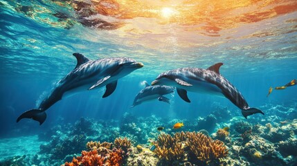 Fototapeta premium Three dolphins swim amidst vibrant coral reef, sunbeams pierce the water