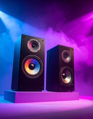 Two black speakers on a light-purple pedestal, bathed in vibrant purple and blue spotlights