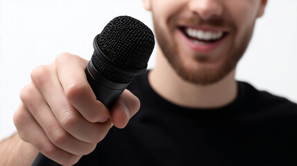A smiling person offering a microphone toward the viewer representing invitation to speak and share stories, symbolizing communication engagement and human connection.
