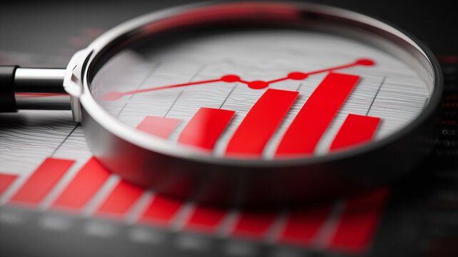 A magnifying glass highlighting an ascending bar chart representing business growth and performance tracking, symbolizing success metrics planning and strategic improvement.
