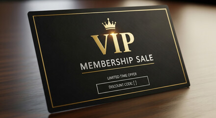 Elegant vip membership sale card with golden crown and discount code on wooden table for exclusive customers and special offers