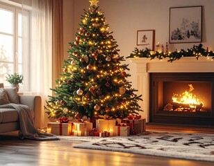 Decorated Christmas Tree with Gifts and Lights