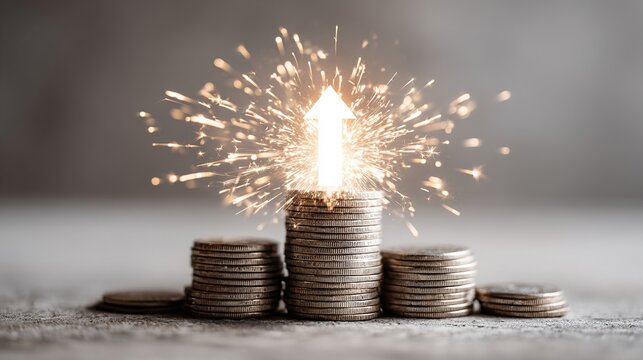 Stacks of silver coins with glowing upward arrow and sparks, symbolizing explosive financial growth, wealth, profit, success, and prosperity