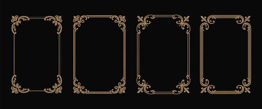 Art Deco Gold Frame Set,  Thin Line Luxury Borders, Shiny Vintage Floral Decorations, Victorian Rectangular Ornaments, Stylish Bundle for Wedding Invitations, Greeting Cards, Scrapbooking, and Elegant