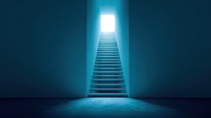 Fototapeta premium Minimalist staircase leading to glowing doorway of light in dark blue hall, symbolizing opportunity, hope, progress, ambition, and new beginnings