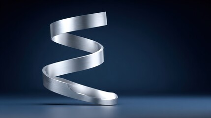 Minimalist metallic silver ribbon spiral floating on dark blue background, symbolizing elegance, creativity, modern design, and innovation
