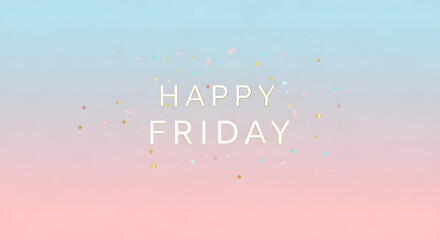 A gradient background with the words "Happy Friday" in the center, with confetti.
