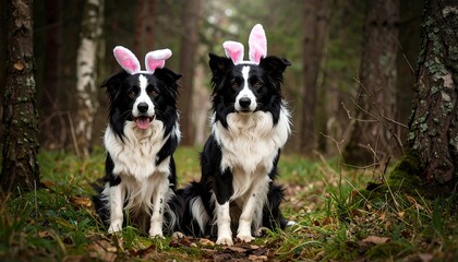 Two border collies in a forest, wearing bunny ears (1)