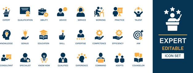 Expert icon set collection. Qualification, ability, advice, service, working, practice, talent, knowledge, genius, education and best solid icon set.