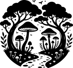 A striking black silhouette vector illustration of an enchanted mushroom forest with a winding path and trees