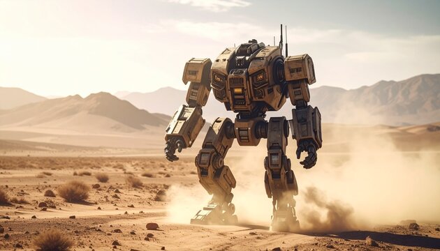 A large, bipedal robot walking across a desert landscape, kicking up dust.