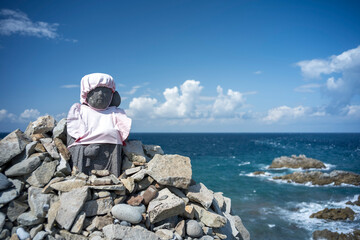 秋晴れの尻屋埼の風景　青森県東通村　9月末　岬の地蔵