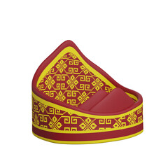 Cartoon boy’s traditional hat in red with golden ornament, representing ethnic headwear accessory, cultural festival costume, ceremonial attire, and heritage illustration.
