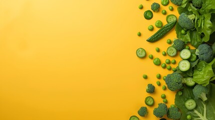 Beautifully arranged fresh green vegetables like crunchy broccoli and cool cucumber slices pop against a sunny yellow background, perfect for health and wellness themes.