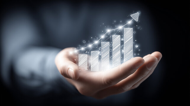 Open hand presenting a glowing growth bar chart conveying business expansion data driven strategy and confident financial performance.
