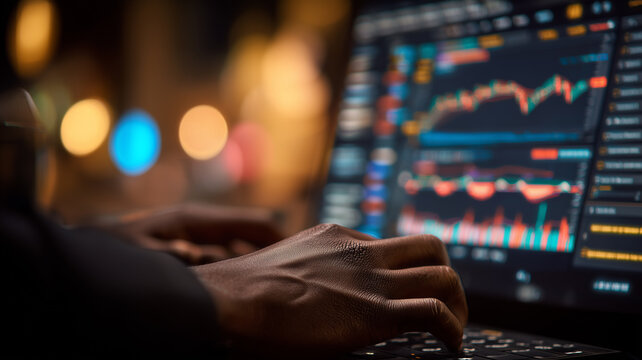 Hands working on a trading dashboard filled with market charts, capturing active analysis and the concept of data driven investing and financial decision making.
