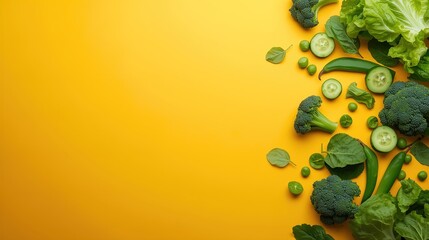 Vibrant, fresh green vegetables on a sunny yellow backdrop offer a healthy lifestyle, perfect for promoting nutrition and wellness programs or recipes