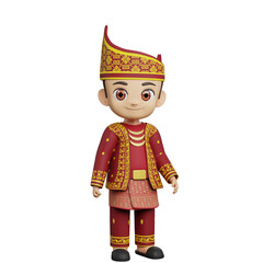Cute cartoon boy wearing Indonesian traditional costume, smiling confidently while standing in joyful cultural celebration illustration setting.
