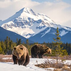 Two brown bears in snowy mountains