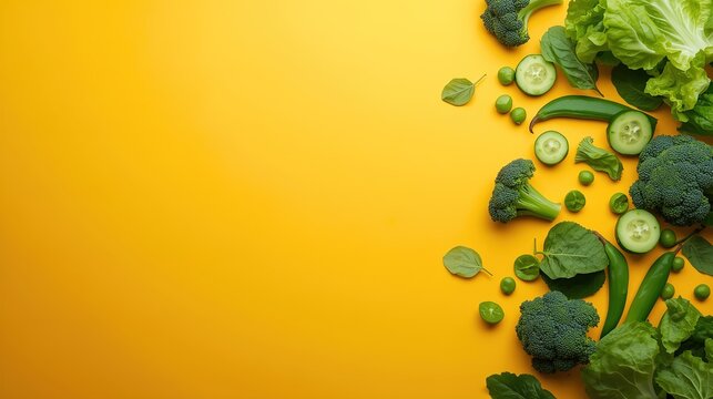 Vibrant, fresh green vegetables on a sunny yellow backdrop offer a healthy lifestyle, perfect for promoting nutrition and wellness programs or recipes