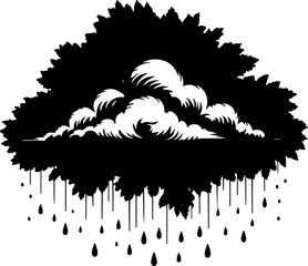 Striking black silhouette illustration of a rain cloud under a tree canopy, depicting a moody weather scene in nature