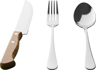 Shiny Metal Knife, Fork, and Spoon on a Neutral Grey Background