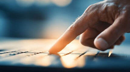 Finger pressing a keyboard key conveying digital action and efficient workflow initiation for productivity and control.
