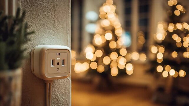 A close up of a smart plug socket highlights energy efficiency and convenience, while a decorated Christmas tree creates a warm, festive atmosphere. The scene blends innovation and tradition