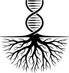 Symbolic vector illustration of a DNA double helix growing into tree roots, representing genetics and ancestry