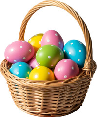 Vibrant Polka Dot Easter Eggs Neatly Arranged in a Woven Wicker Basket