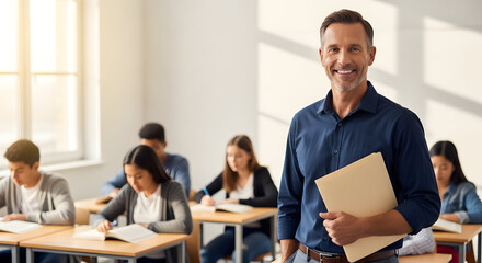 Fototapeta premium Dedicated Professor Fostering Learning Environment Embracing Students Academic Success Guiding Future Leaders in Education Inspiring Knowledge Sharing Wisdom