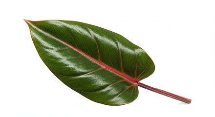 A single glossy dark green leaf with a red stem on a white background.