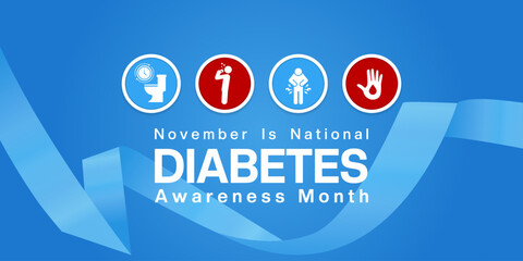 November Is National Diabetes Awareness Month. Ribbon, toilet, people and hand. Suitable for posters, banners and social media. Blue background.