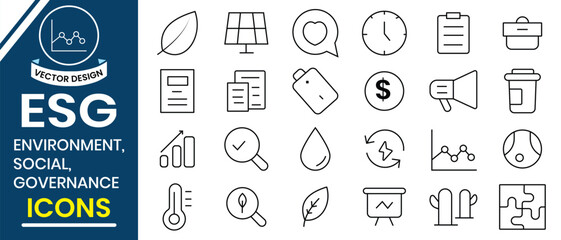 ESG icon set. Environment, Social, Governance, sustainability, ethics, climate, impact, responsibility, diversity, inclusi, recycling, green energy, transparency,  reporting icon. Vector illustration