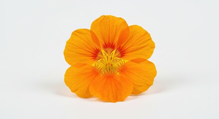 A single vibrant orange nasturtium flower isolated on a clean white background.