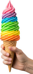 Hand Holding Delicious Rainbow Swirl Soft Serve Ice Cream Cone