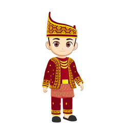 3d Illustration of smiling child dressed in red ceremonial Indonesian attire with ornate golden embroidery, highlighting festive heritage and cultural richness beautifully.