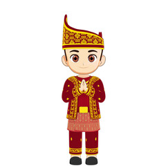 3d Illustration of young boy wearing vibrant red Indonesian royal costume with golden details, expressing cultural pride and joyful celebration confidently.